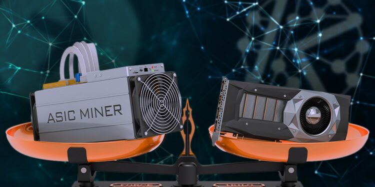 Minero ASIC y tarjeta gráfica o GPU en una balanza, con logos al fondo de Kaspa y Kalrsen