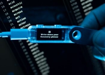 UN dispositivo Ledger con la pantalla de recuperación de semilla activada.