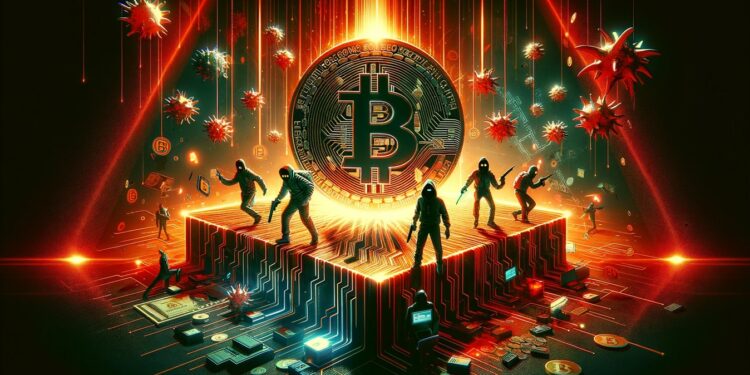 Una plataforma con una moneda de bitcoin gigante, rodeada de personajes encapuchados con armas