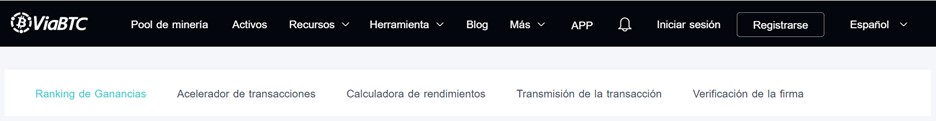 captura de pantalla del menú de herramientas de minería de bitcoin de ViaBTC.