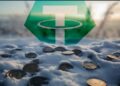 monedas disuestas sobre la nieve y un logo de USDT sobre else paisaje.