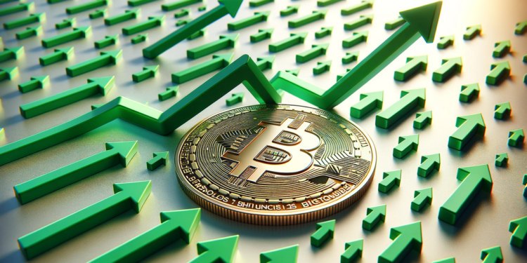 Moneda de bitcoin con flechas verdes.