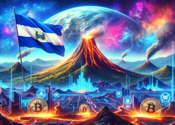 Bandera de El Salvador en medio de un paisaje cyberpunk con logos de bitcoin y un volcán en erupción al fondo.