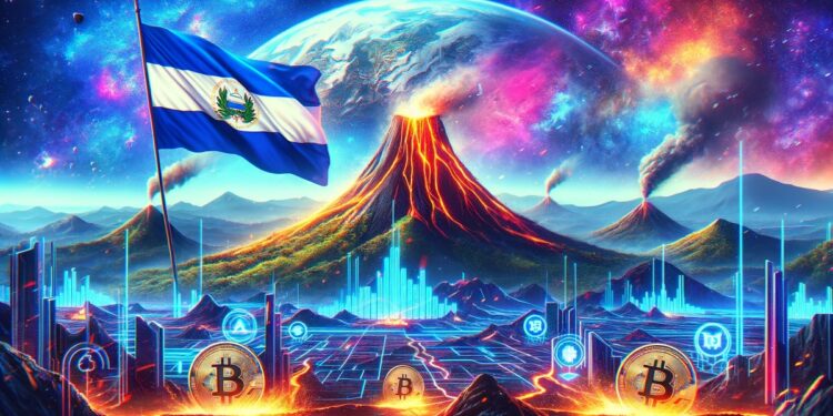 Bandera de El Salvador en medio de un paisaje cyberpunk con logos de bitcoin y un volcán en erupción al fondo.