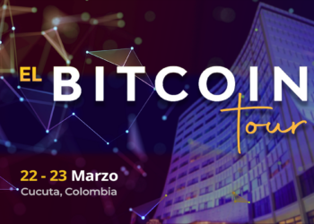 Pancarta promocional del Bitcoin Tour 2024 en Cucuta, Colombia.