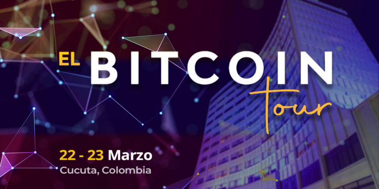 Pancarta promocional del Bitcoin Tour 2024 en Cucuta, Colombia.