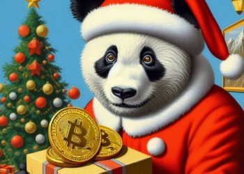 Un panda en navidad regalando BTC.