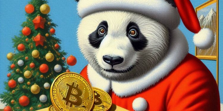 Un panda en navidad regalando BTC.
