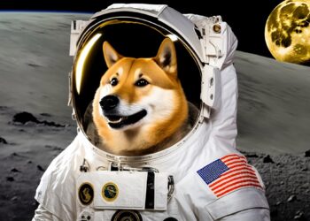 Un perro de raza shiba inu en la luna, vestido como astronauta.