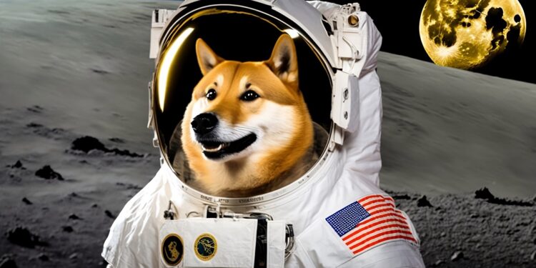 Un perro de raza shiba inu en la luna, vestido como astronauta.