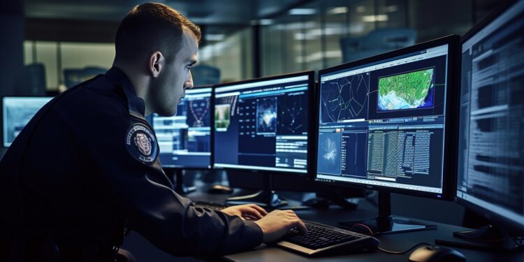 Policía mira monitores de computadora.