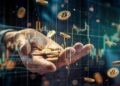 Monedas de bitcoin cayendo sobre las manos de una persona, con gráficos de precio al fondo