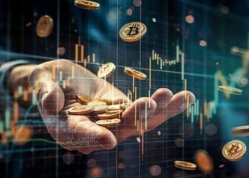 Monedas de bitcoin cayendo sobre las manos de una persona, con gráficos de precio al fondo