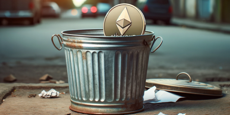 Moneda de ETH en un tacho de basura.