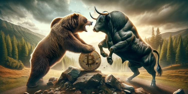 Alcistas y bajistas se disputan el control del mercado de bitcoin. Fuente: Dall-E, por OpenAI.