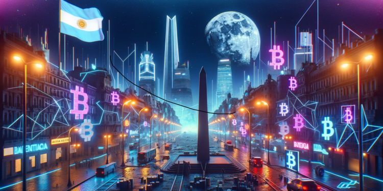 Buenos Aires cyberpunk con bandera de Argentina y logos de bitcoin.