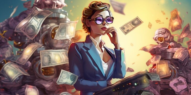 Mujer joven de lentes con maletín lleno de dinero en sus piernas.