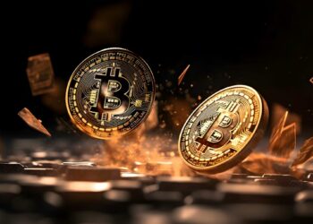 monedas de Bitcoin rebotándo contra un teclado y emitiendo fuego por el impacto