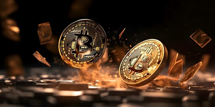 monedas de Bitcoin rebotándo contra un teclado y emitiendo fuego por el impacto