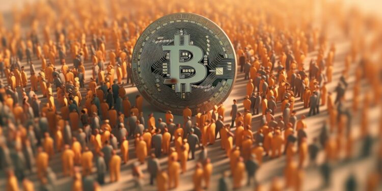 una multitud al rededor de una moneda de Bitcoin