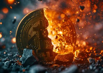 Moneda de bitcoin parcialmente incendiada y sobre rocas