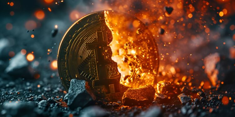 Moneda de bitcoin parcialmente incendiada y sobre rocas