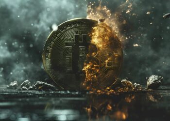 una moneda de Bitcoin parcialmente incendiada