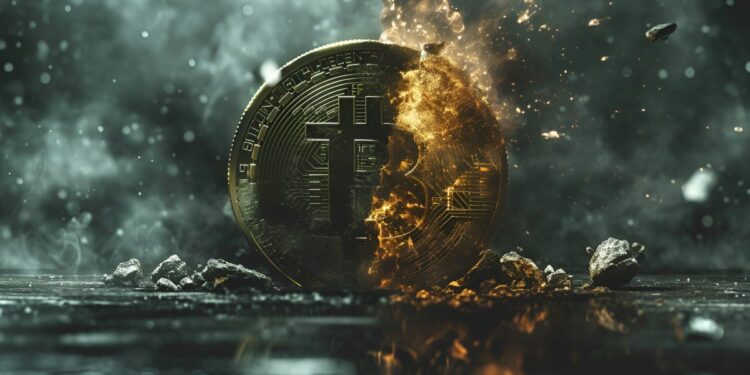 una moneda de Bitcoin parcialmente incendiada