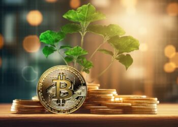 Unas monedas de bitcoin y una planta que crece sobre ellas