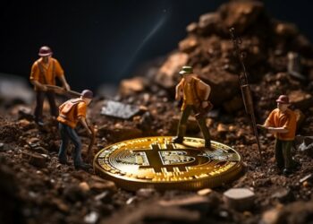 mineros rodeando una gran moneda de Bitcoin en una mina de tierra