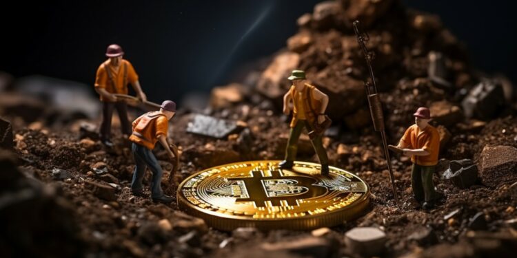 mineros rodeando una gran moneda de Bitcoin en una mina de tierra
