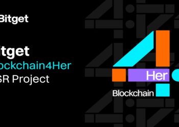 Pancarta promocional del programa Blockchain4her de Bitget.