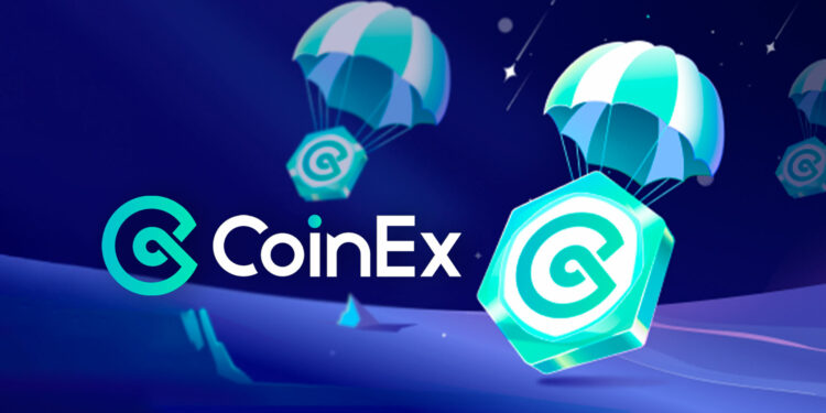 Logo de CoinEx con un par de monedas CET colgando de paracaidas simbolizando el airdrop del CoinEx Brand Day.