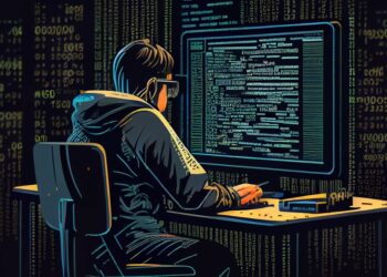 Dibujo de una persona frente a una computadora