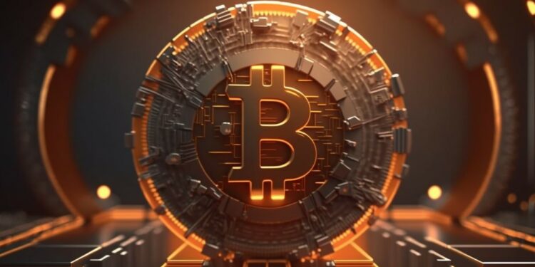 Una moneda de Bitcoin en un escenario futurista