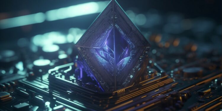 un símbolo de Ethereum incrustado entre circuitos de computadora