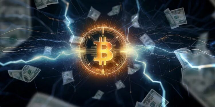 biletes de dólar rodeando al símbolo de Bitcoin