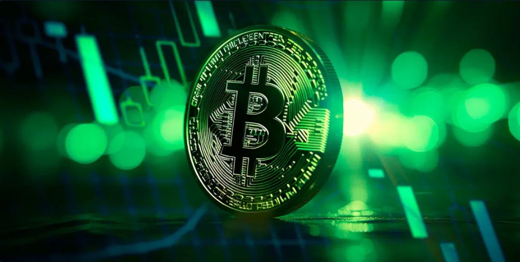 Moneda de Bitcoin entre luces verdes