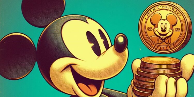 Mickey Mouse sosteniendo un token grabado con su rostro..