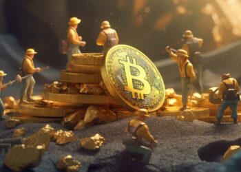 mineros en miniatura al rededor de una moneda gigante de bitcoin dorada