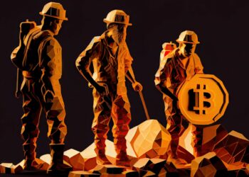 tres siluetas de mineros que sostiene un bitcoin de gran tamaño