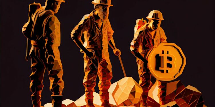 tres siluetas de mineros que sostiene un bitcoin de gran tamaño