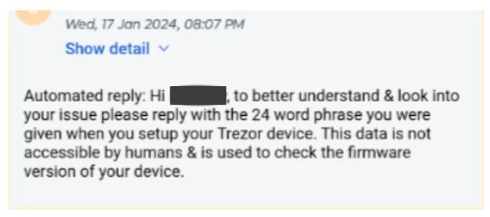 Captura de pantalla de un correo eléctrónico enviado por un atacante a un usuario de Trezor