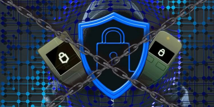 wallets de trezor rodeados de cadenas y un símbolo de seguridad