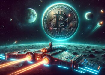 Cohete en el espacio dirigiéndose a la luna con símbolo de Bitcoin en el fondo.