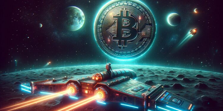 Cohete en el espacio dirigiéndose a la luna con símbolo de Bitcoin en el fondo.