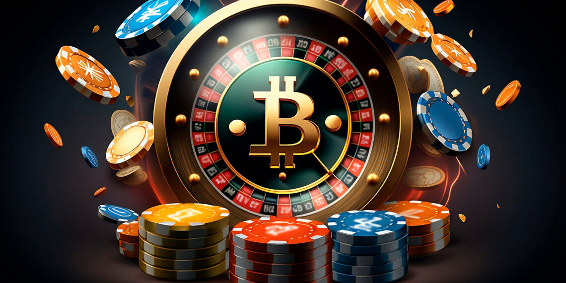 Ruleta de casino con el simbolo de Bitcoin en su centro; fichas apiladas rodean la ruleta.