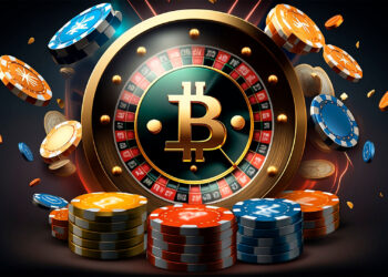 Ruleta de casino con el simbolo de Bitcoin en su centro; fichas apiladas rodean la ruleta.