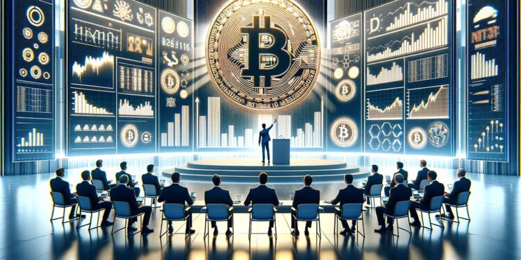 Hombres de traje sentados frente a pantallas con un gran logo de Bitcoin en el centro.