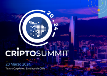 Foto de la ciudad de Santiago de Chile con el logo del evento CriptoSummit 2024.